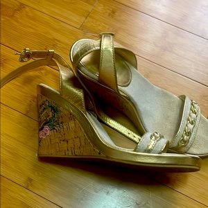 COACH gold wedge sandals, gently worn, size 10.